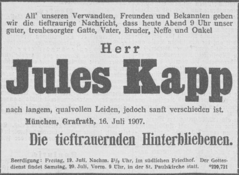 Todesanzeige für Jules Kapp