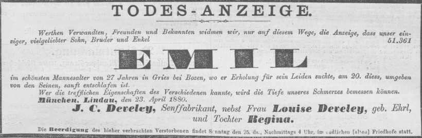Todesanzeige für Emil Develey