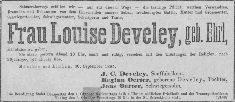 Todesanzeige für Louise Develey