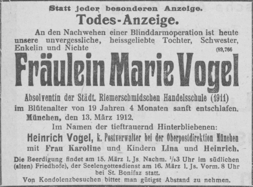 Todesanzeige für Marie Vogel