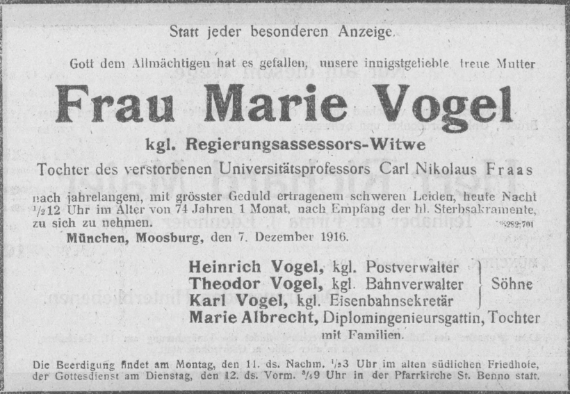 Todesanzeige für Marie Vogel