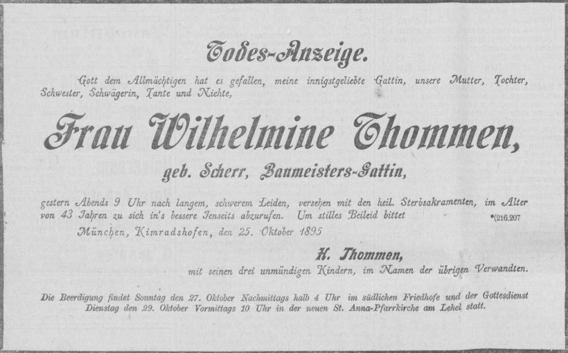 Todesanzeige für Wilhelmine Thommen