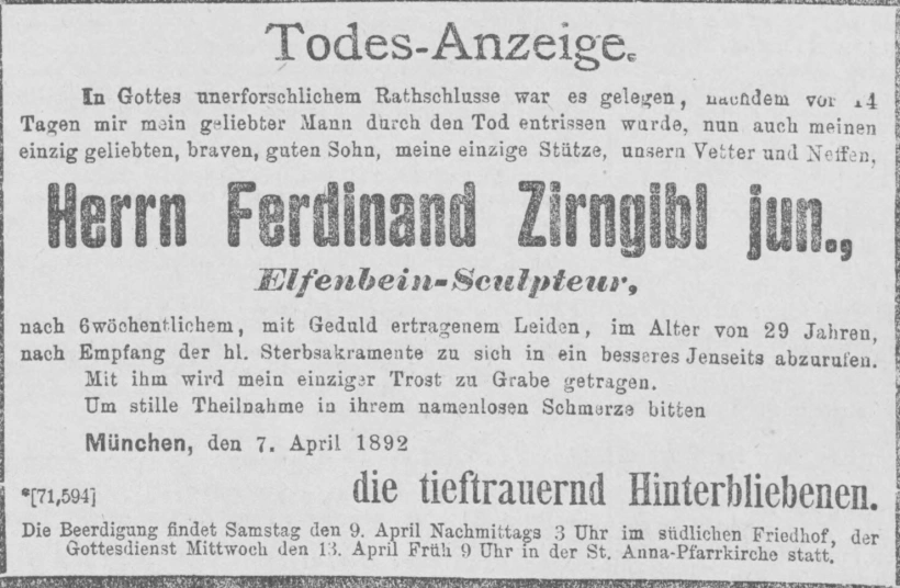 Todesanzeige für Ferdinand Zirngibl