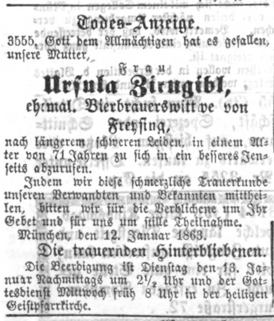Todesanzeige für Ursula Zirngibl
