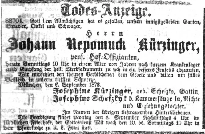Todesanzeige für Johann Nepomuk Kürzinger