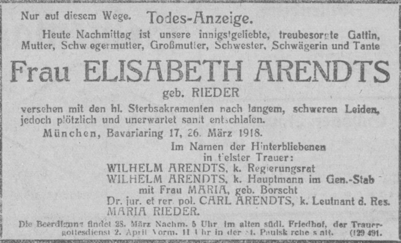Todesanzeige für Elisabeth Arendts