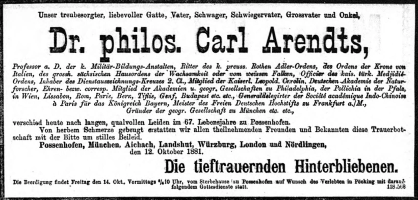 Todesanzeige für Dr. Karl Arendts