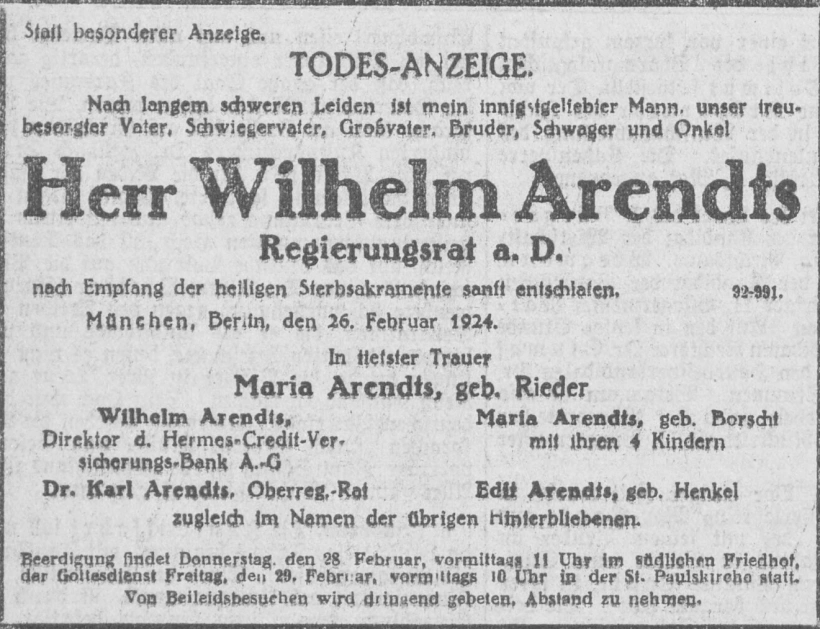 Todesanzeige für Wilhelm Arendts
