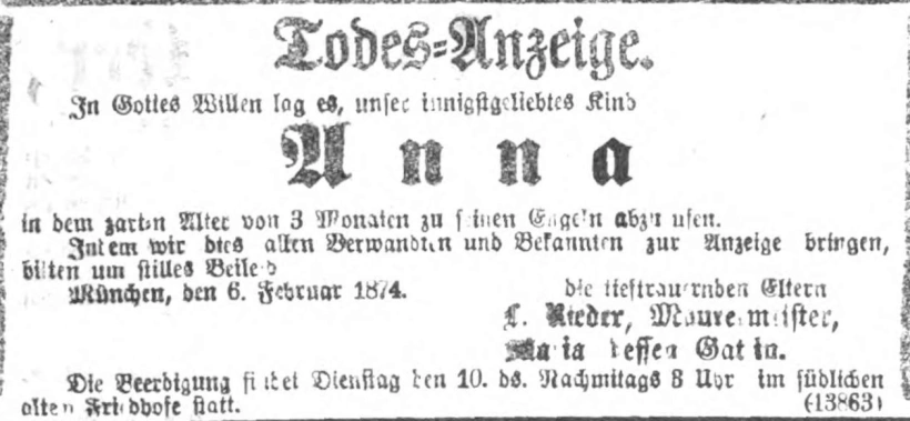 Todesanzeige für Anna Rieder