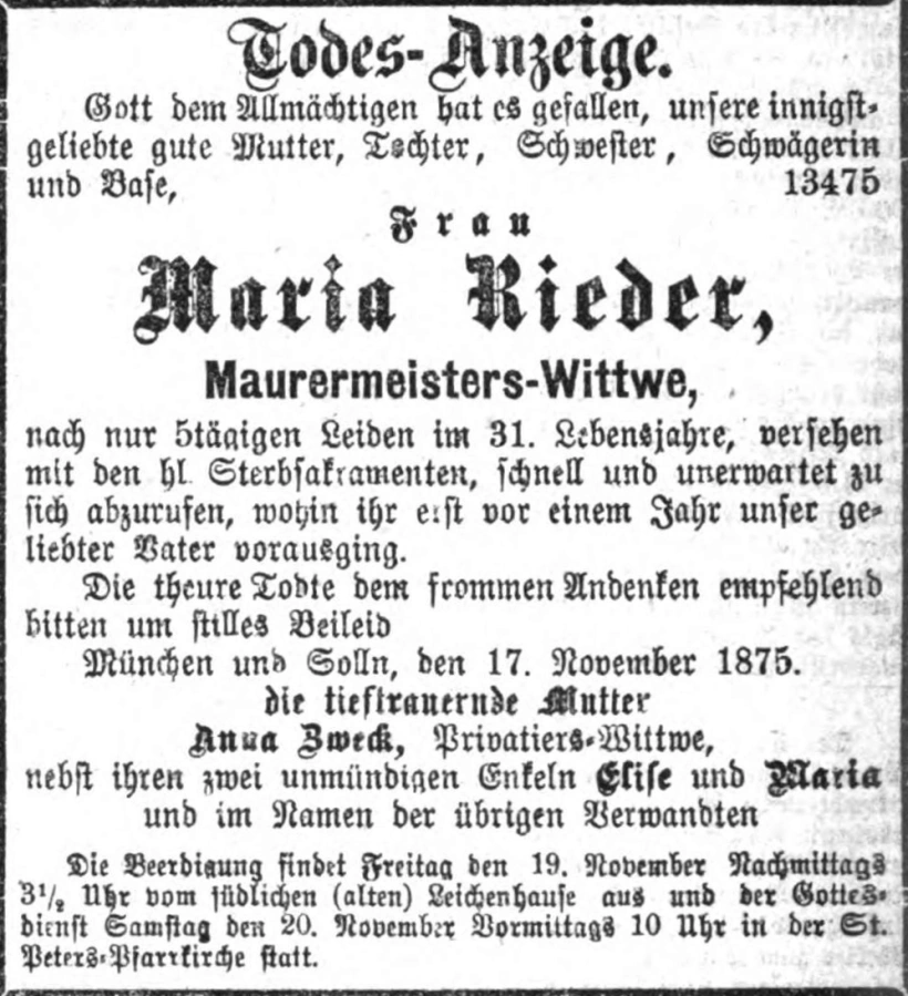 Todesanzeige für Maria Rieder