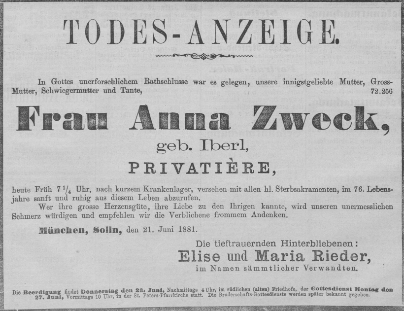 Todesanzeige für Anna Zweck