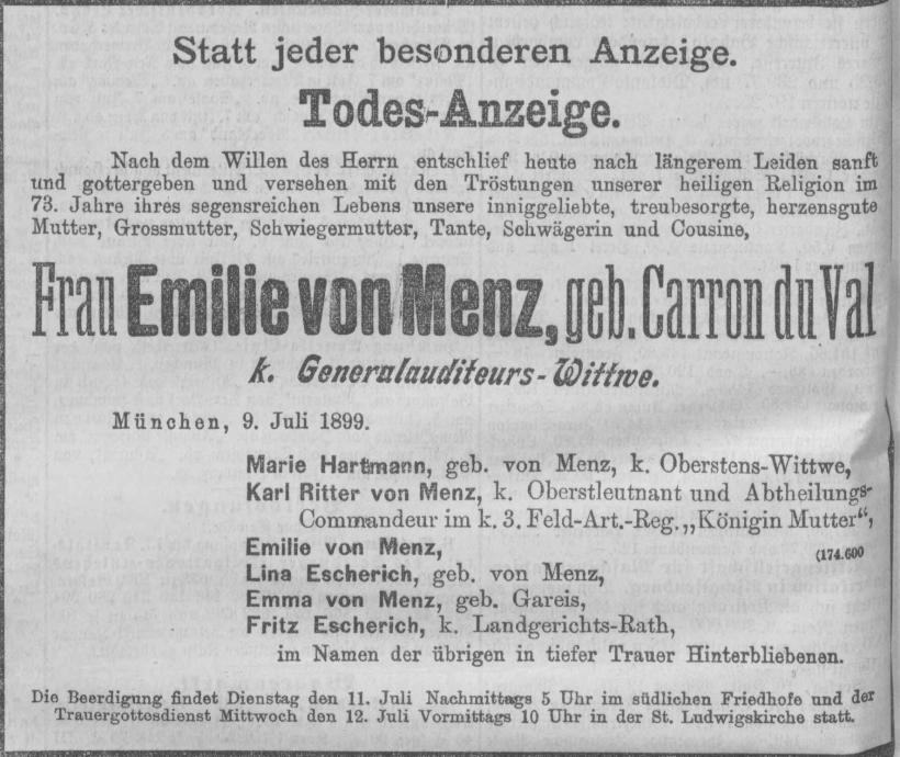 Todesanzeige für Emilie von Menz