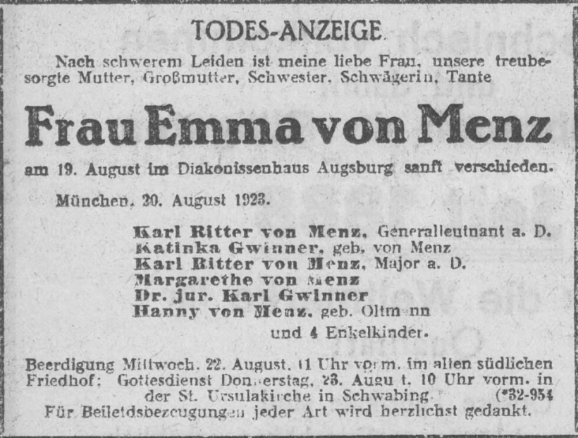 Todesanzeige für Emma von Menz