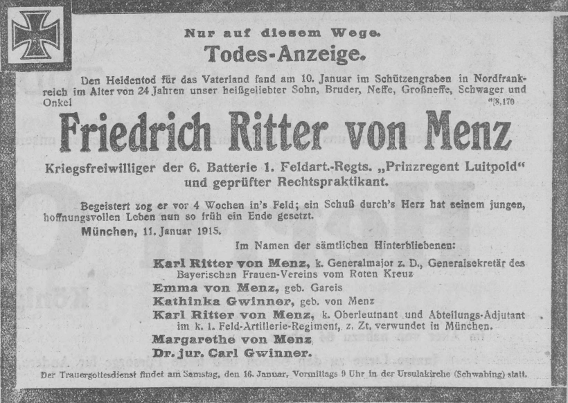 Todesanzeige für Friedrich/Fritz Ritter von Menz