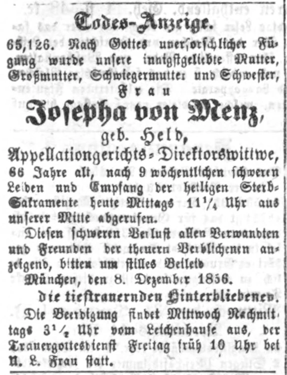 Todesanzeige für Josefa von Menz