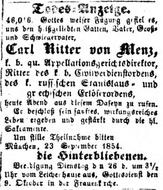 Todesanzeige für Karl Ritter von Menz