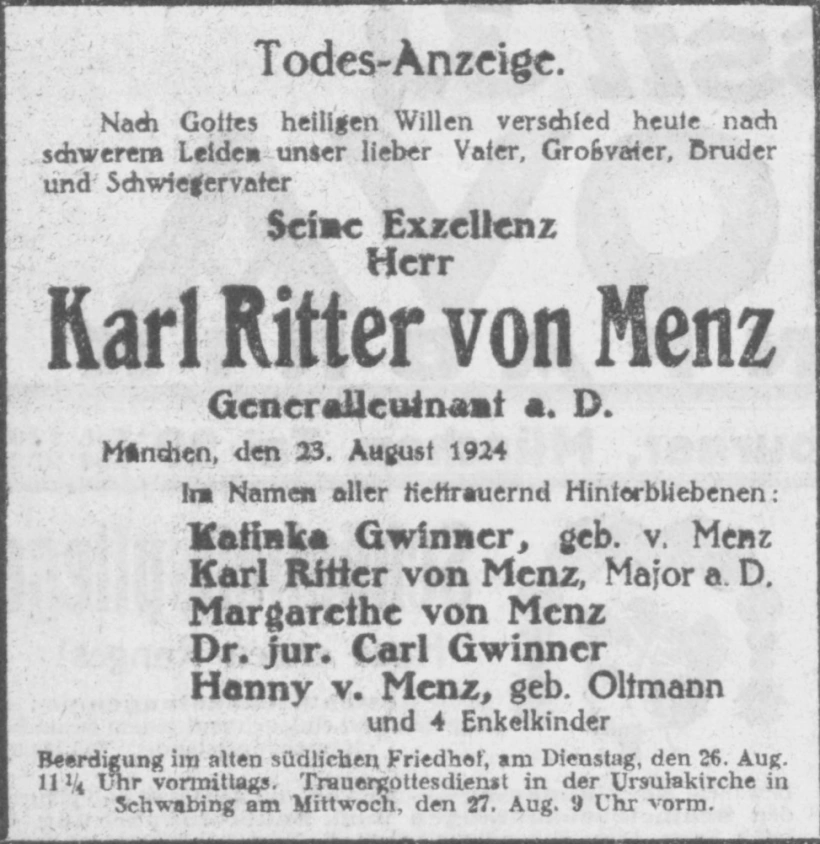 Todesanzeige für Karl Ritter von Menz