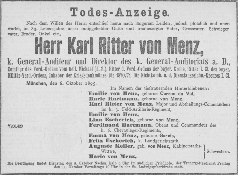 Todesanzeige für Karl Ritter von Menz