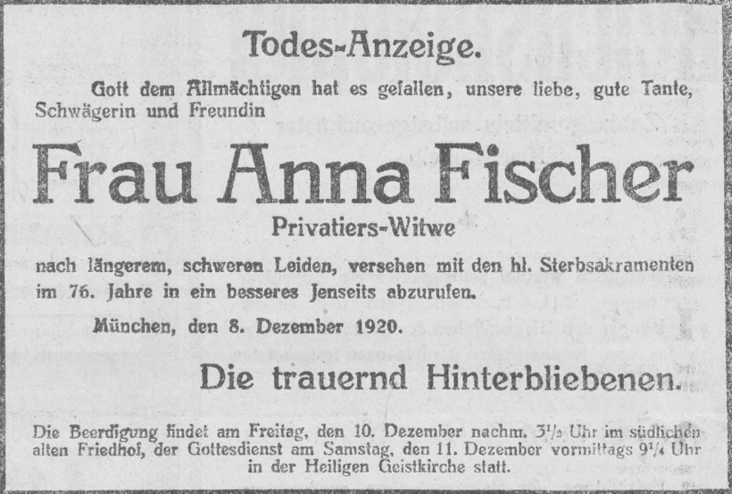 Todesanzeige für Anna Fischer