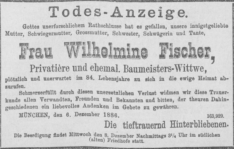 Todesanzeige für Wilhelmine Fischer