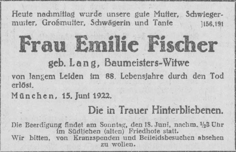 Todesanzeige für Emilie Fischer