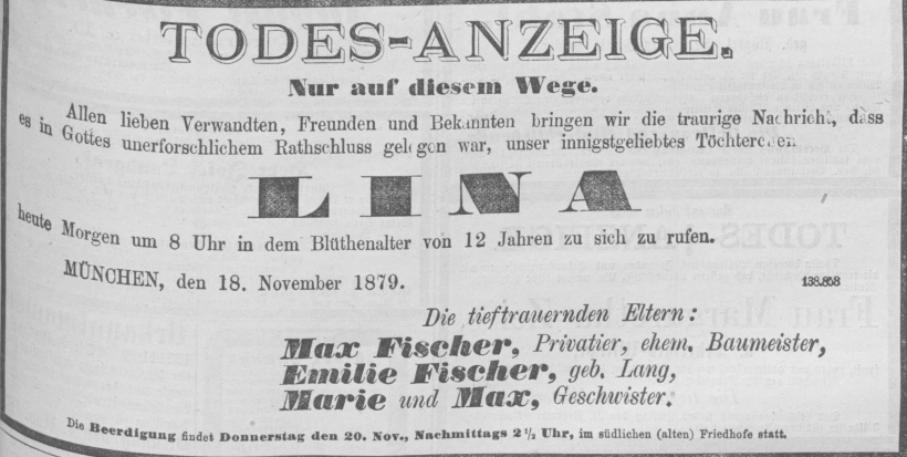 Todesanzeige für Lina Fischer