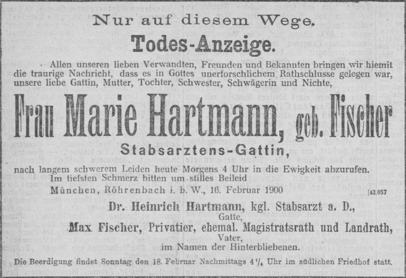 Todesanzeige für Marie Hartmann