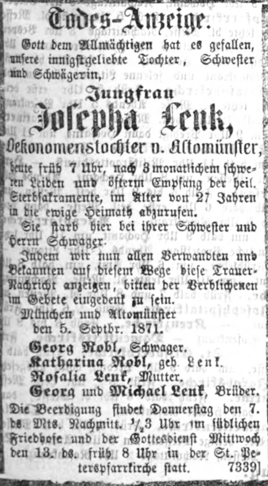 Todesanzeige für Josefa Lenk