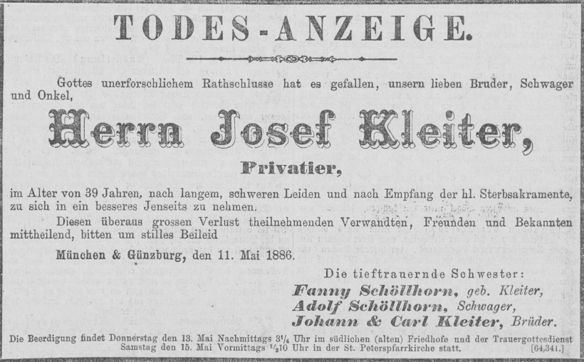 Todesanzeige für Josef Kleiter