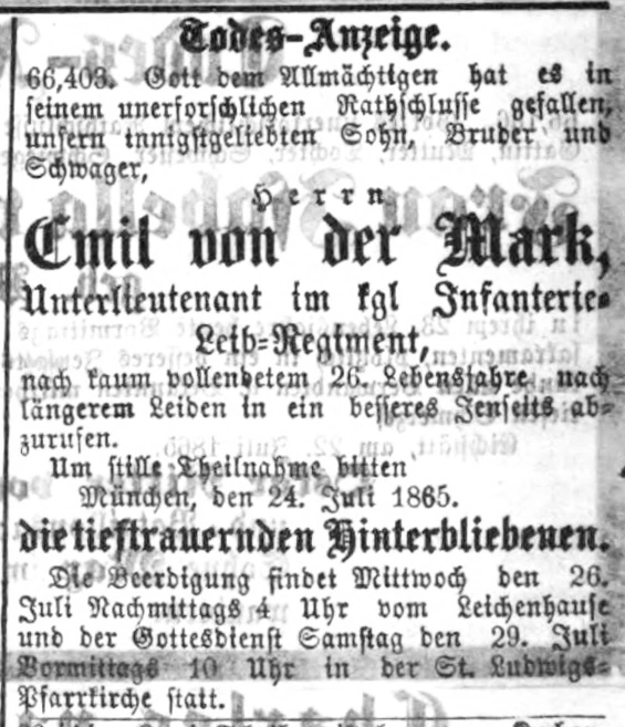 Todesanzeige für Emil von der Mark