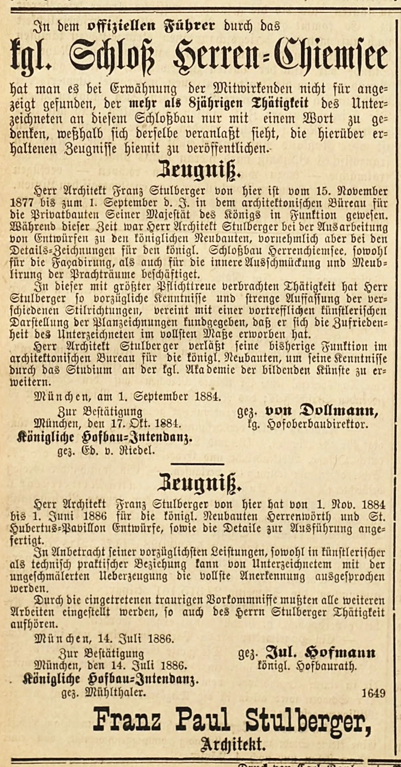 Annonce in »Das Bayerische Vaterland« No. 194