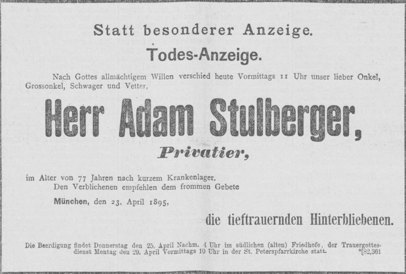 Todesanzeige für Adam Stulberger