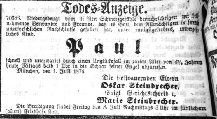 Todesanzeige für Paul Steinbrecher