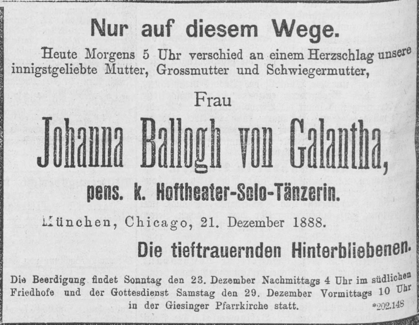 Todesanzeige für Johanna Ballogh von Galantha
