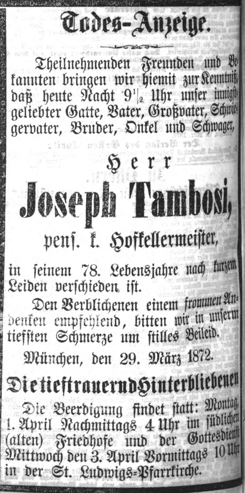 Todesanzeige für Josef Tambosi