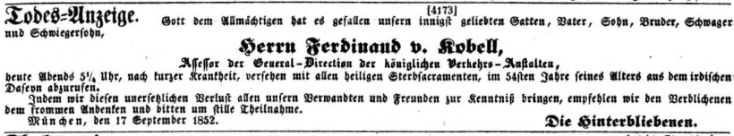 Todesanzeige für Ferdinand von Kobell