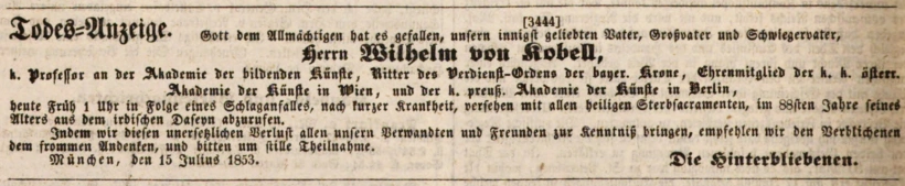 Todesanzeige für Wilhelm von Kobell