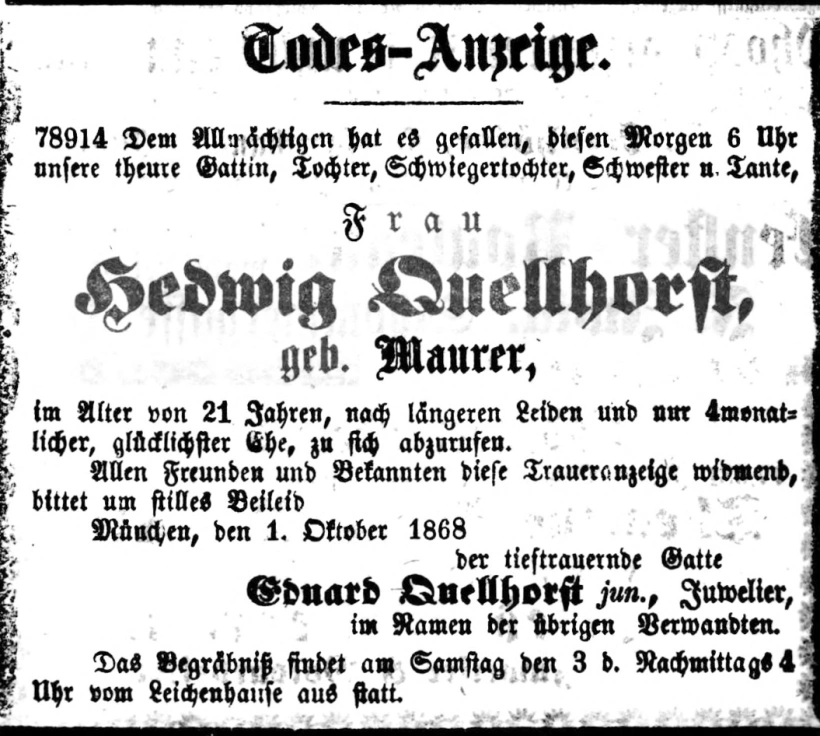 Todesanzeige für Hedwig Quellhorst
