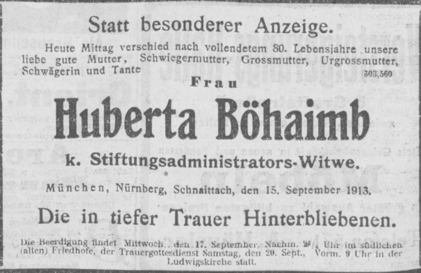 Todesanzeige für Huberta Böhaimb