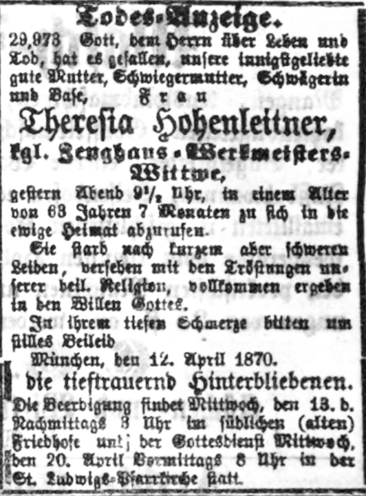 Todesanzeige für Theresia Hohenleitner