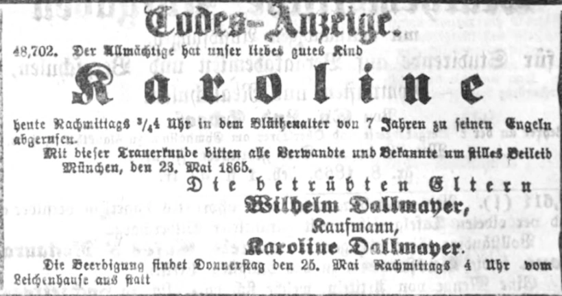 Todesanzeige für Karoline Dallmayer
