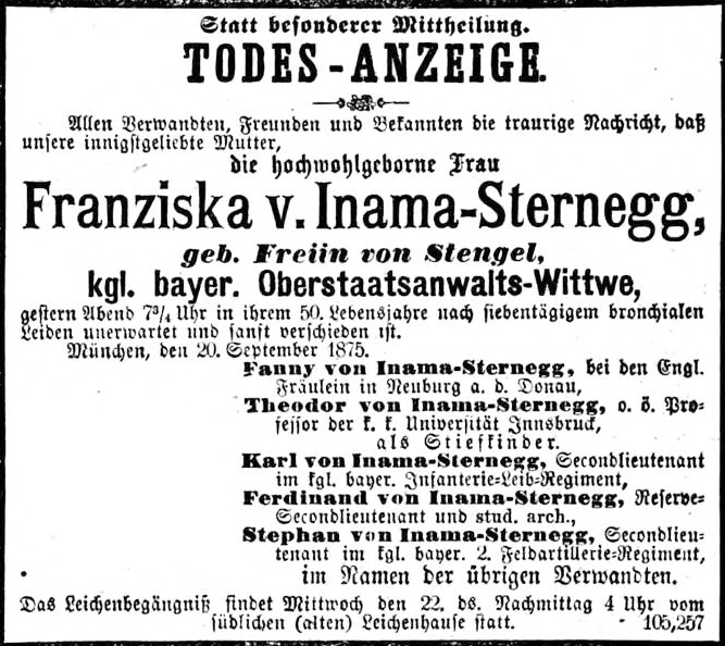 Todesanzeige für Franziska von Inama-Sternegg