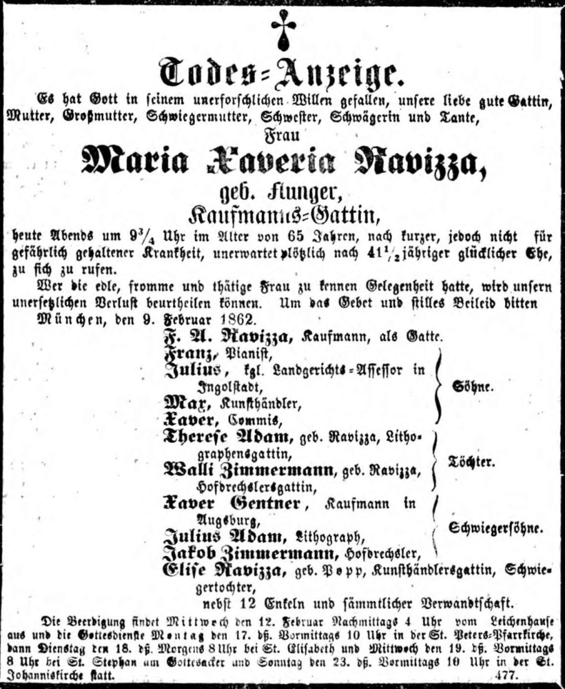 Todesanzeige für Marie Franziska Xaveria Ravizza