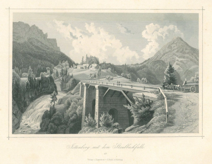 Jettenberg mit dem Staubachfalle. Stahlstich b. Baldi, um 1850.