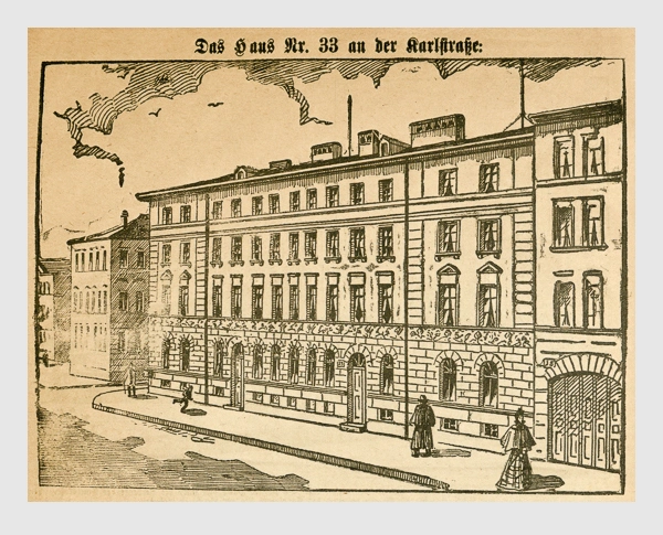 Das Haus Nr. 33 an der Karlstraße. Abbildung aus: Heinrich Storch: »Wer war der Mörder?« / »Illustrirtes Münchener Extrablatt«. München, 1896.