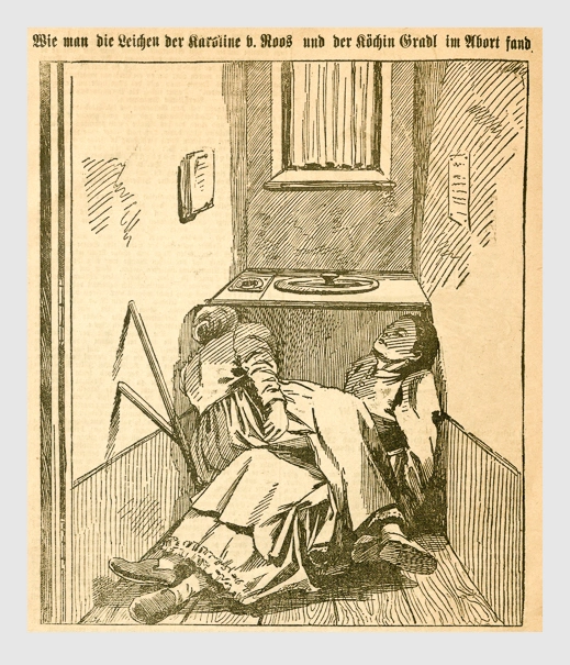 Wie man die Leichen der Karoline v. Roos und der Köchin Gradl im Abort fand. Abbildung aus: Heinrich Storch: »Wer war der Mörder?« / »Illustrirtes Münchener Extrablatt«. München, 1896.