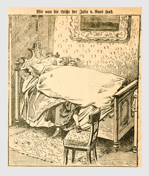 Wie man die Leiche der Julie v. Roos fand. Abbildung aus: Heinrich Storch: »Wer war der Mörder?« / »Illustrirtes Münchener Extrablatt«. München, 1896.