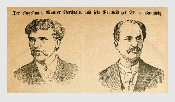 Der Angeklagte, Maurer Berchtold, und sein Vrtheidiger Dr. v. Pannwitz. Abbildung aus: Heinrich Storch: »Wer war der Mörder?« / »Illustrirtes Münchener Extrablatt«. München, 1896.