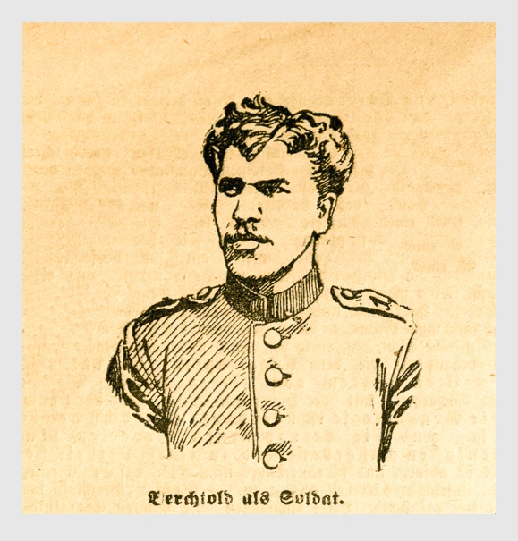 Berchtold als Soldat. Abbildung aus: Heinrich Storch: »Wer war der Mörder?« / »Illustrirtes Münchener Extrablatt«. München, 1896.