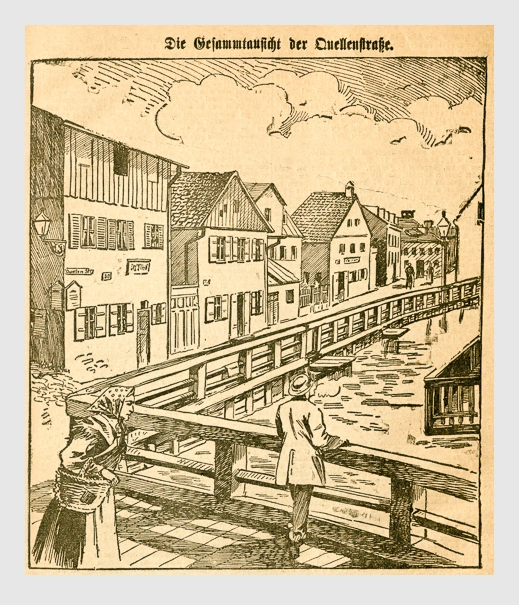 Die Gesamtansicht der Quellenstraße. Abbildung aus: Heinrich Storch: »Wer war der Mörder?« / »Illustrirtes Münchener Extrablatt«. München, 1896.